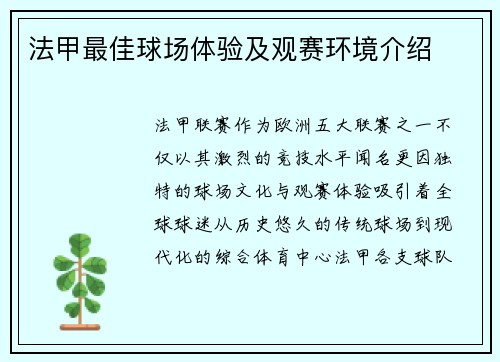 法甲最佳球场体验及观赛环境介绍