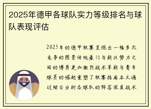 2025年德甲各球队实力等级排名与球队表现评估